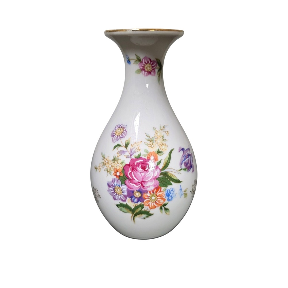 Arnart KPM Floral Bud Vase Porcelain 1983 Japan Gold Trim White GOOD Victorian